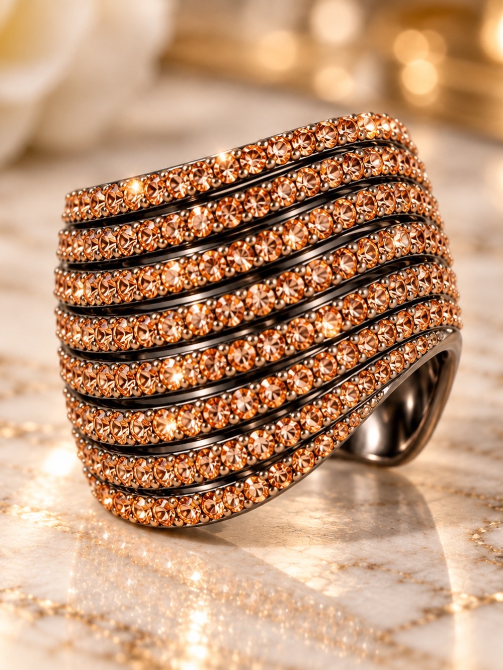 nOir NYC Gunmetal Orange Pavé Multi Row Statement Ring Size 6.5